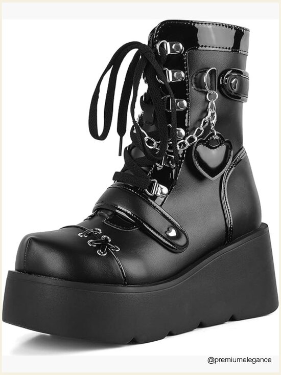 Shoes - Goth Platform Ankle Boots Kawaii Round Toe Wedge Lace Up Zipper Booties